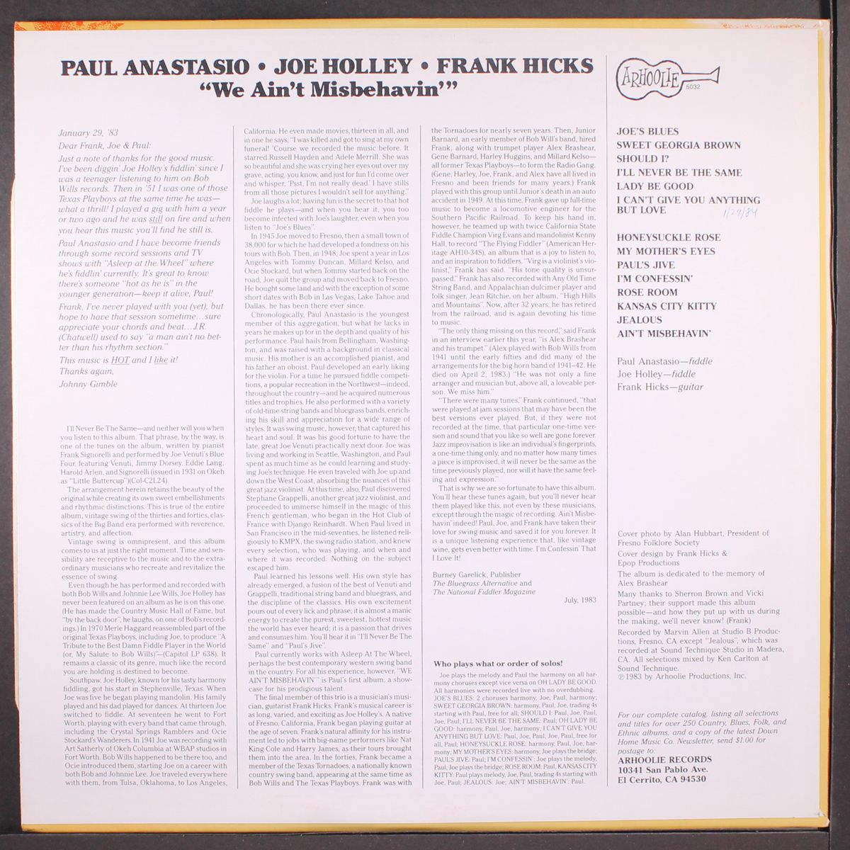 we ain't misbehavin' by PAUL ANASTASIO, JOE HOLLY & FRANK HICKS