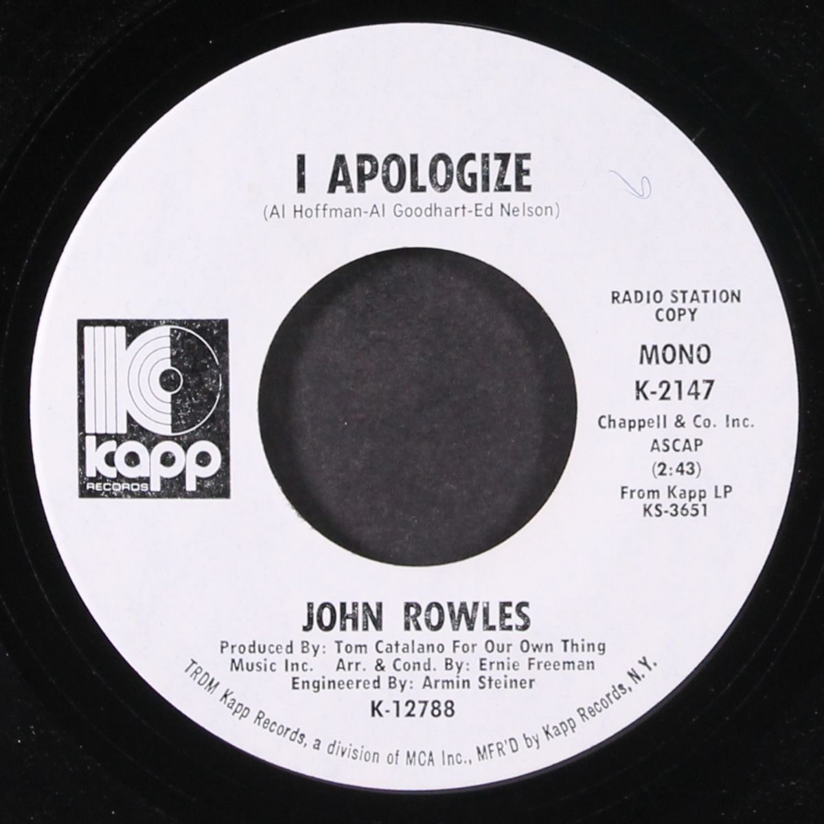 a lifetime of love / i apologize by JOHN ROWLES