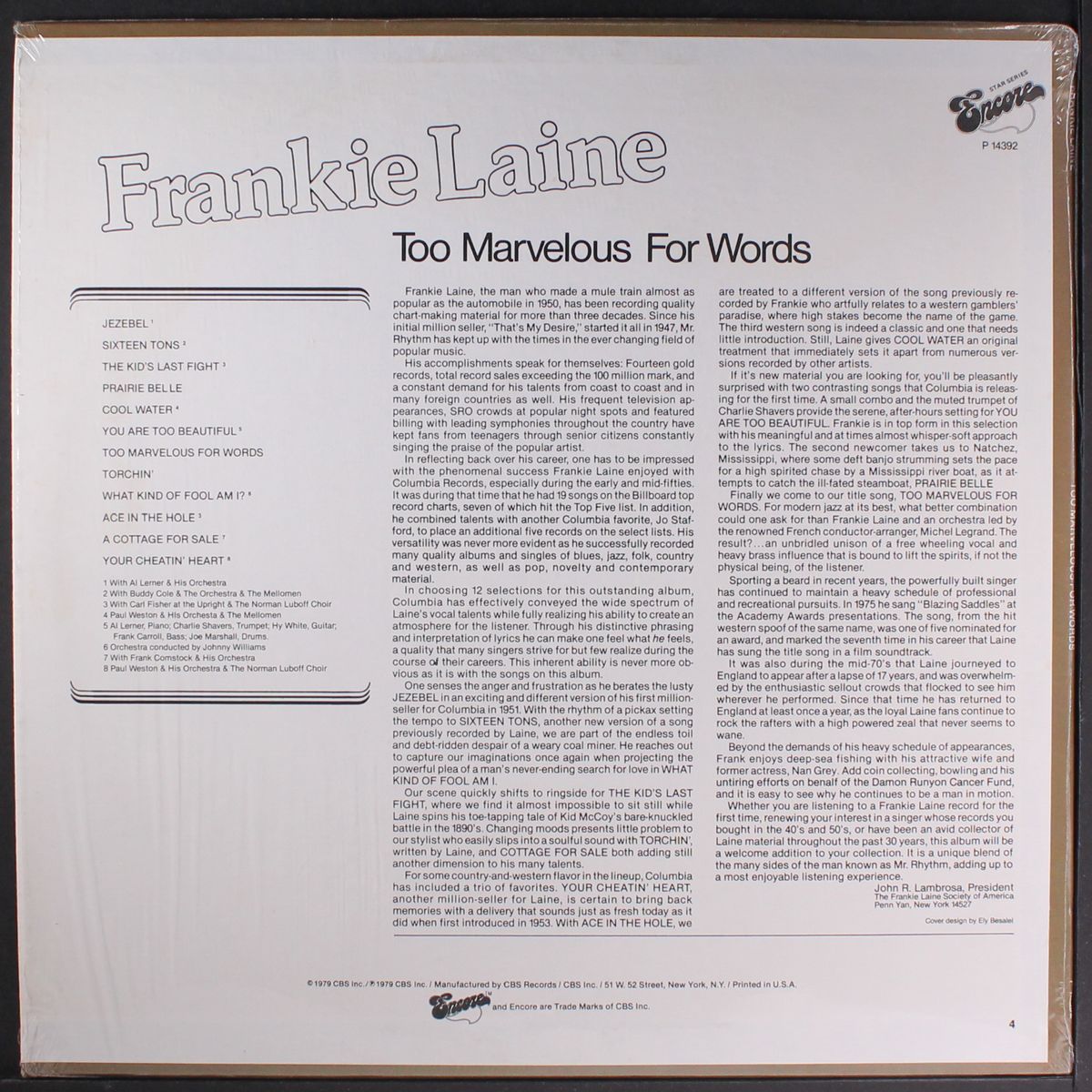 too marvelous for words by FRANKIE LAINE