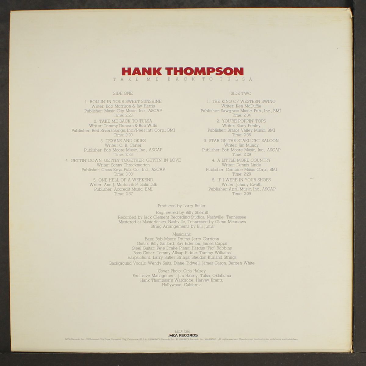 take me back to tulsa by HANK THOMPSON