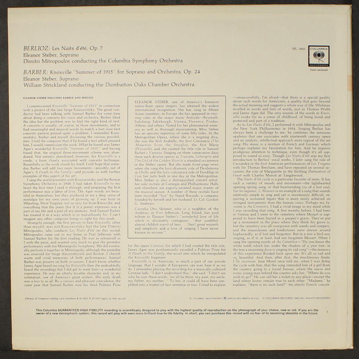 barber: knoxville, summer of 1915, berlioz: les nuits d'ete by ELEANOR STEBER