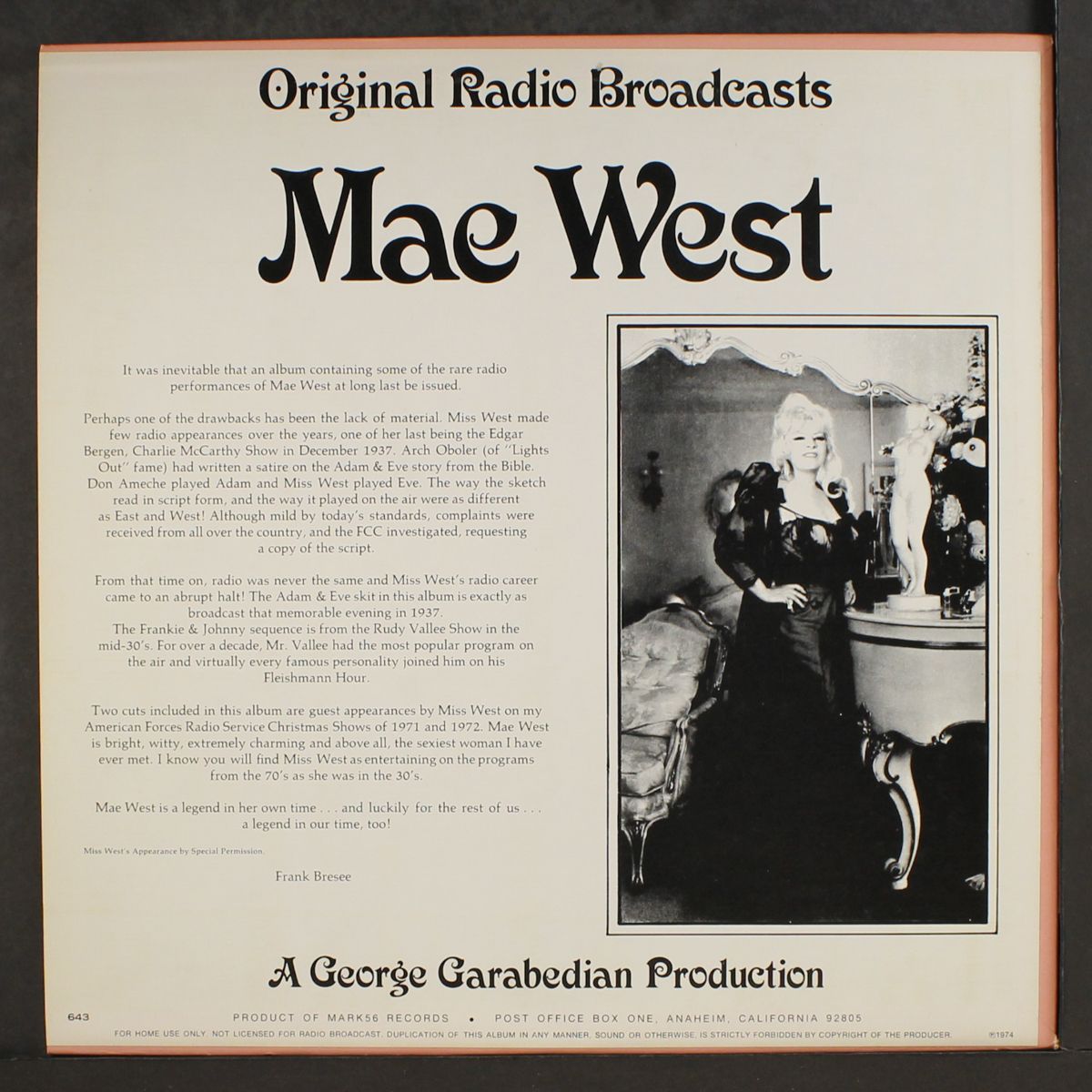 original radio broadcasts by MAE WEST