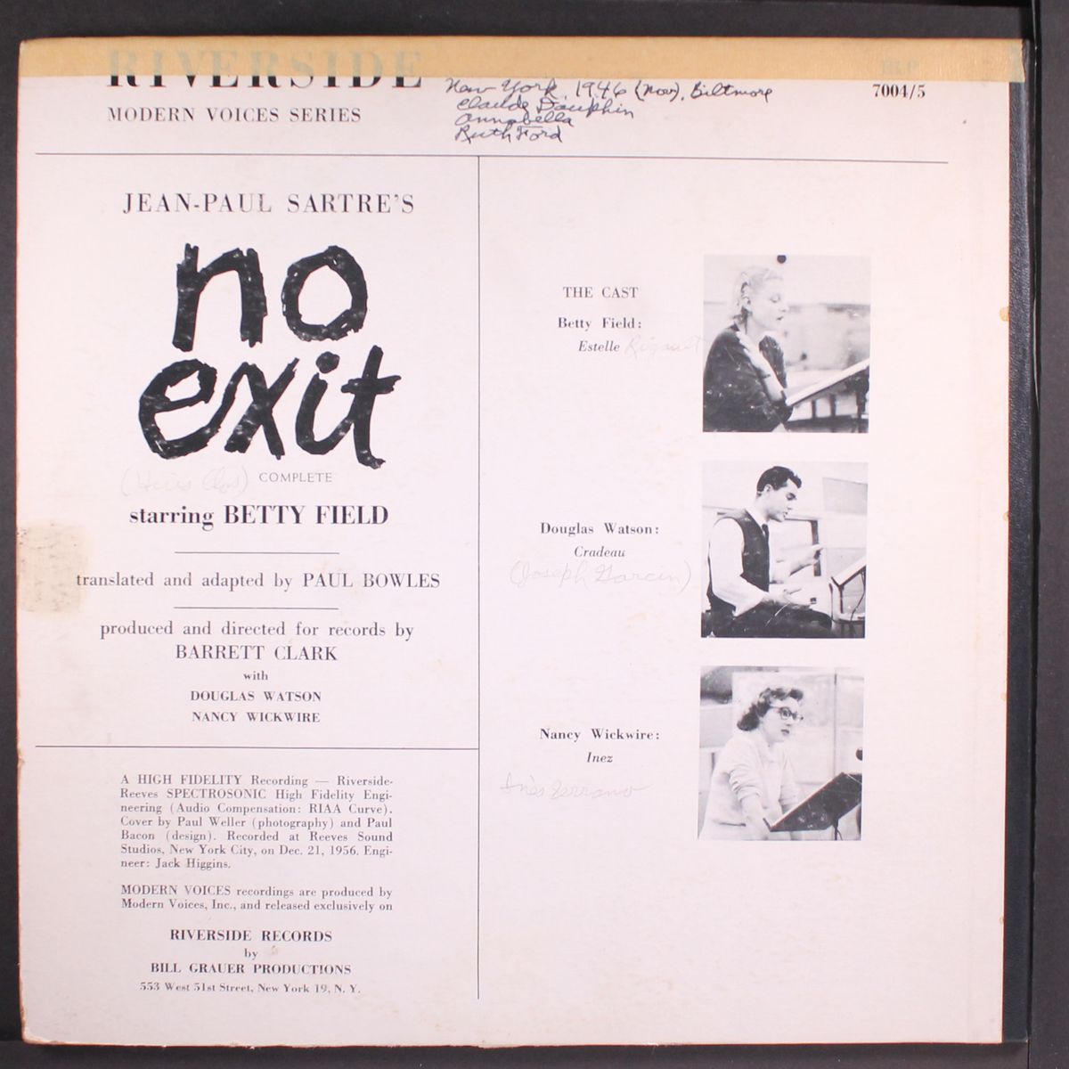 no exit, starring betty field, douglas watson & nancy wickwire by JEAN-PAUL SARTRE