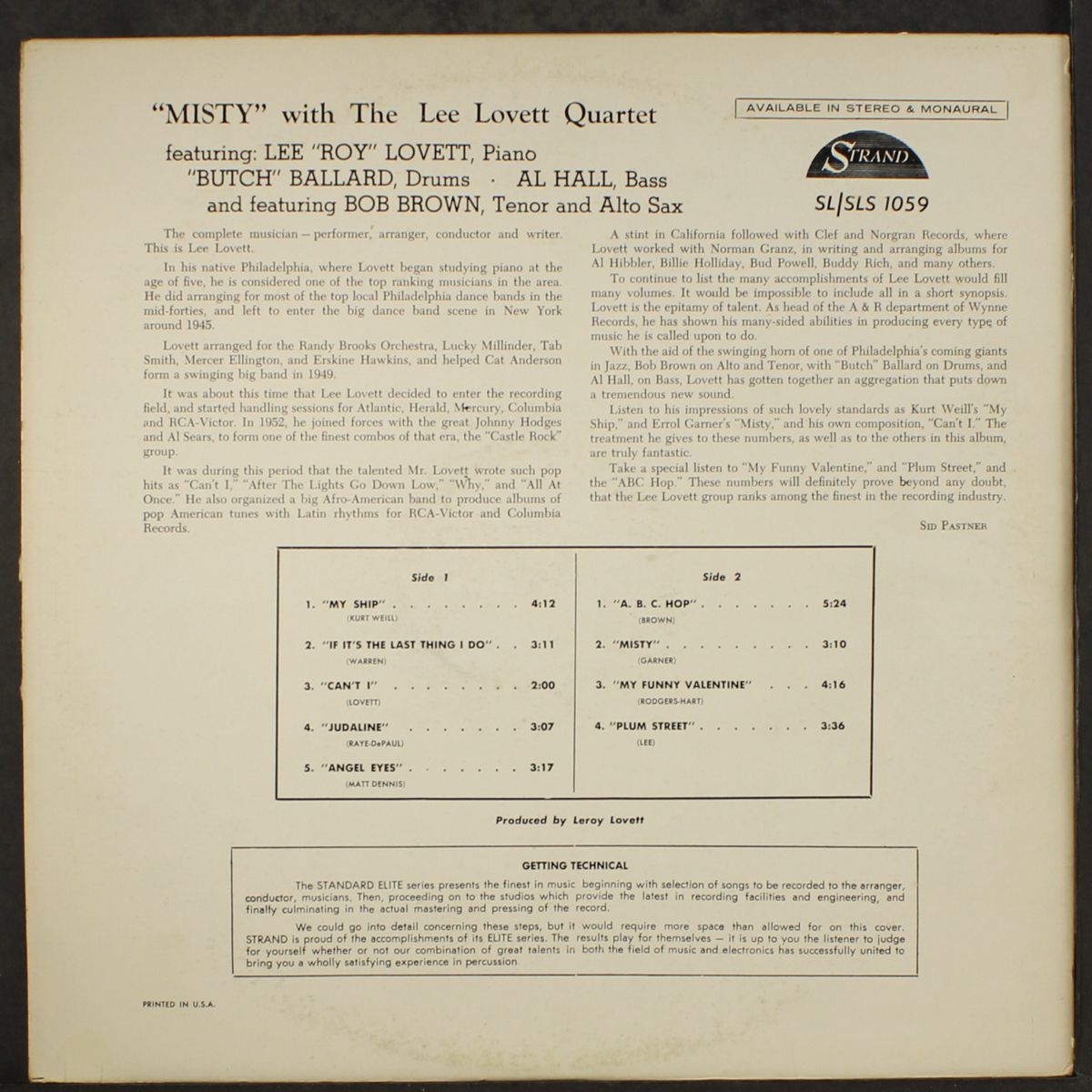 misty by LEE LOVETT QUARTET