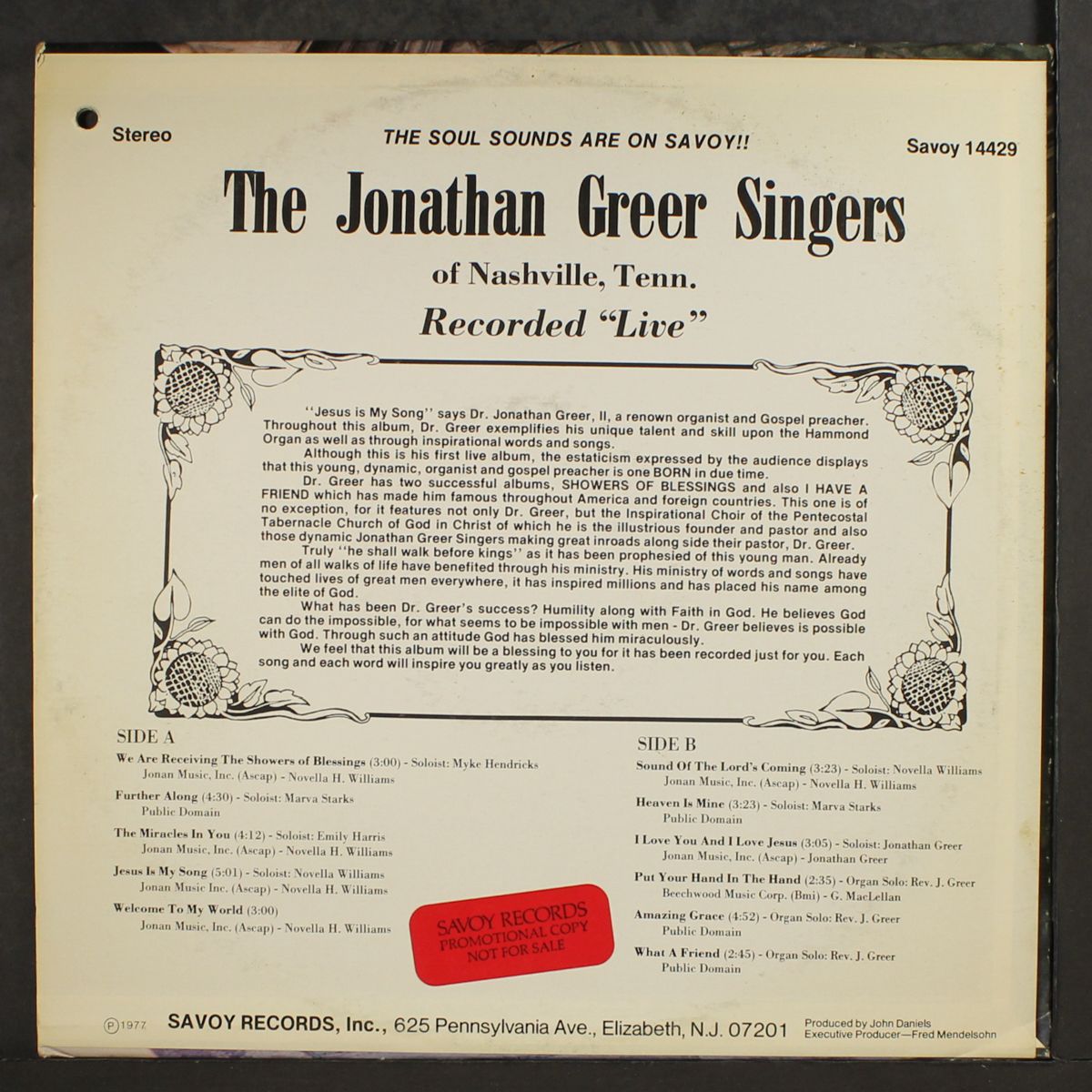 recorded live in nashville, tenn. by JOANTHAN GREER SINGERS