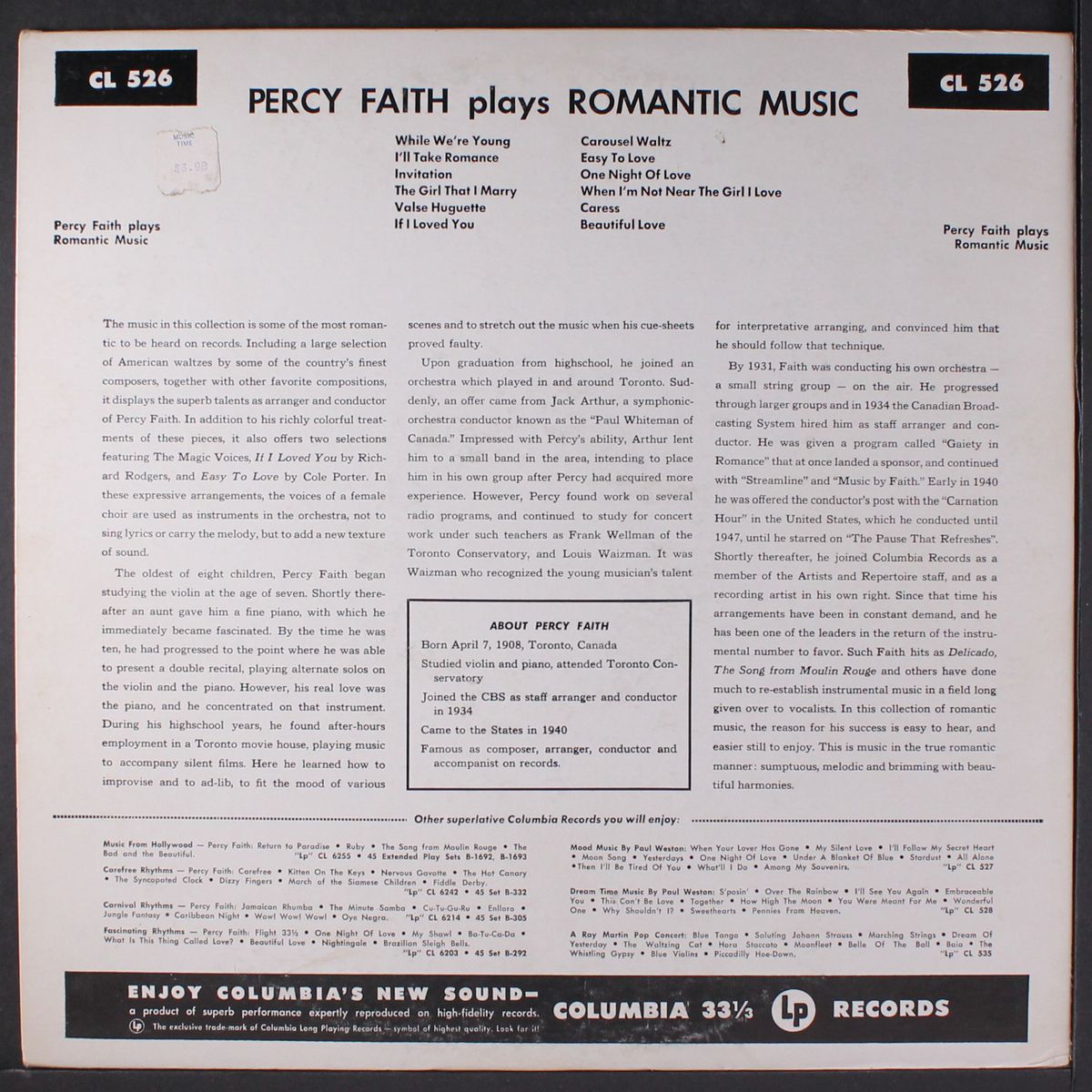 plays romantic music by PERCY FAITH