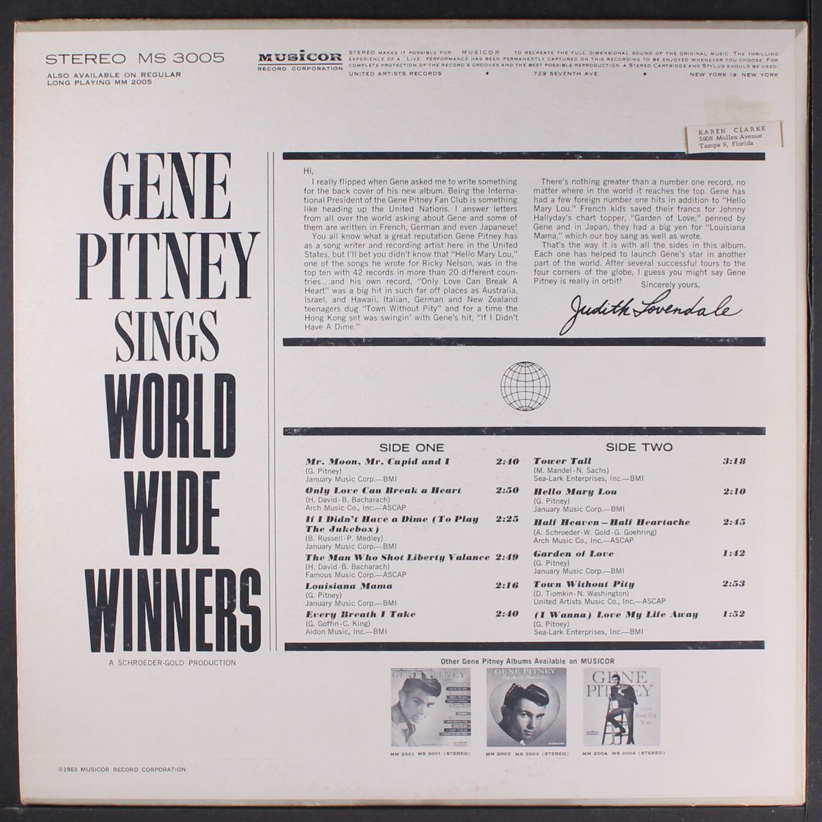 sings world-wide winners by GENE PITNEY