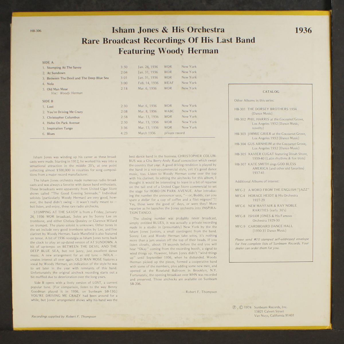 rare broadcast recordings of his last band by ISHAM JONES
