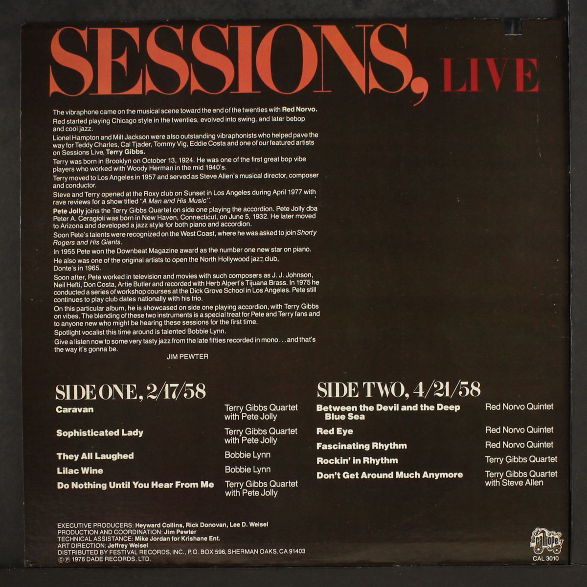 sessions, live by TERRY GIBBS, PETE JOLLY & RED NORVO