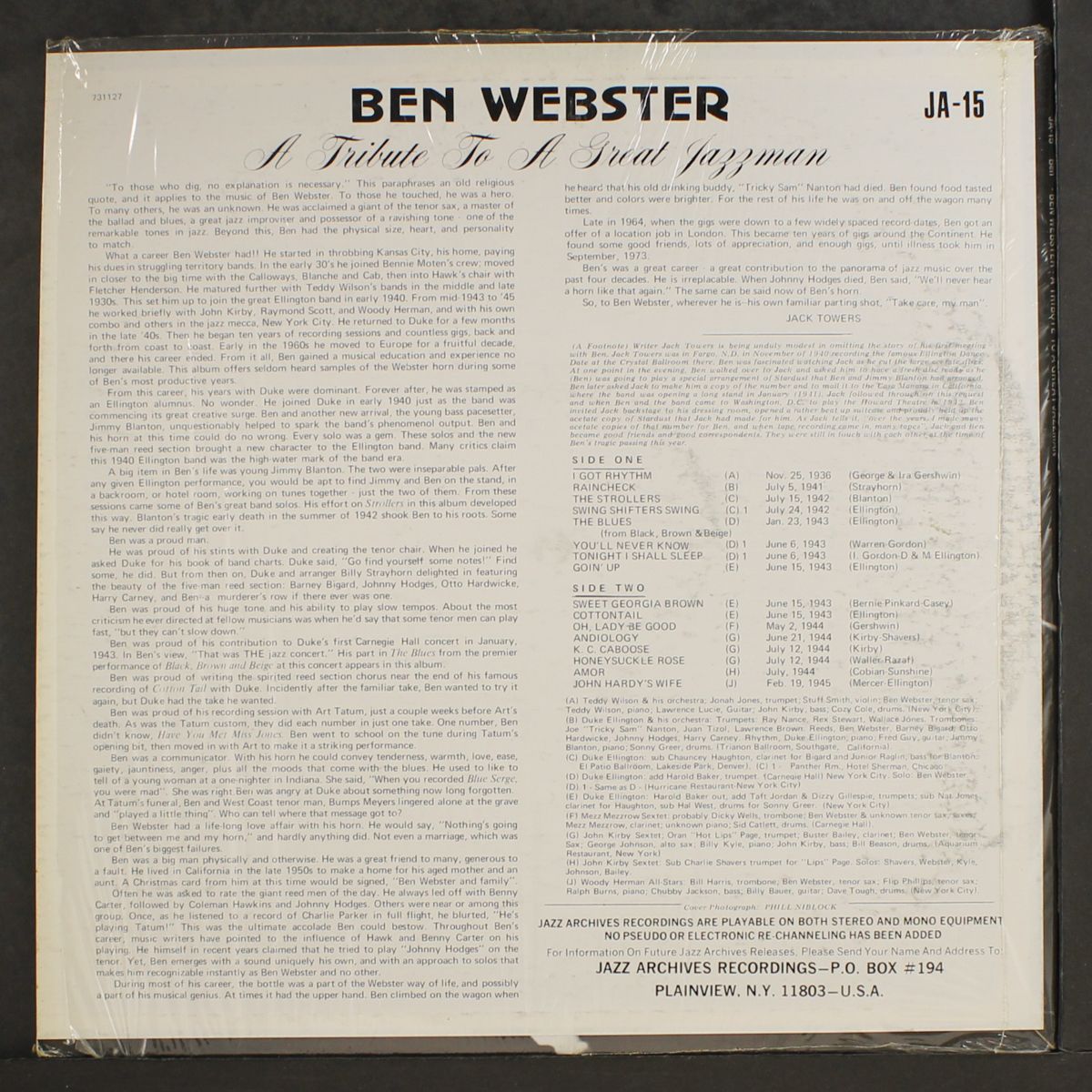 a tribute to a great jazzman by BEN WEBSTER