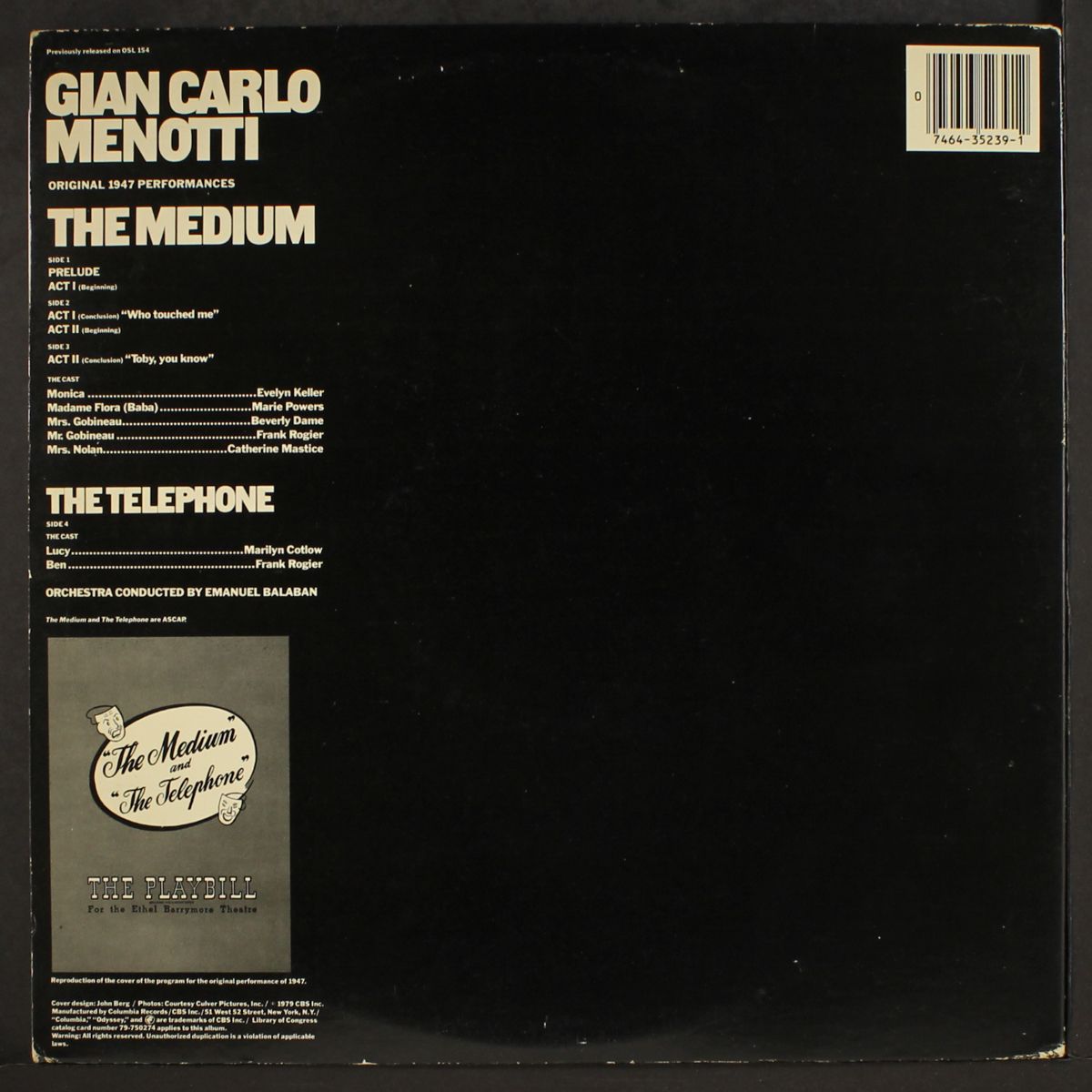 menotti: the medium / the telephone by ORIGINAL CAST