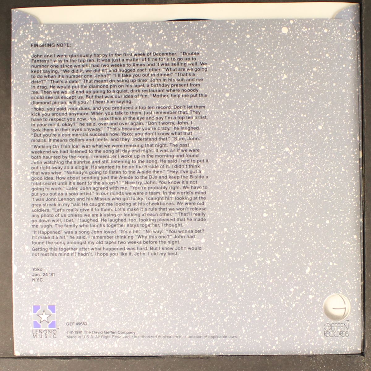 walking on thin ice / it happened by YOKO ONO