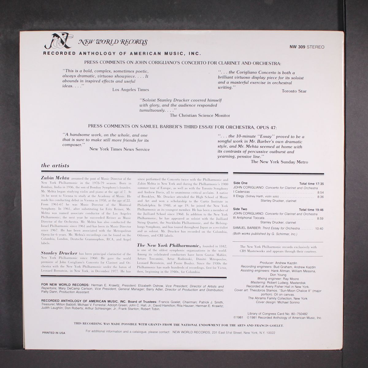 corigliano: concerto for clarinet / barber: third essay for orch. by ZUBIN MEHTA