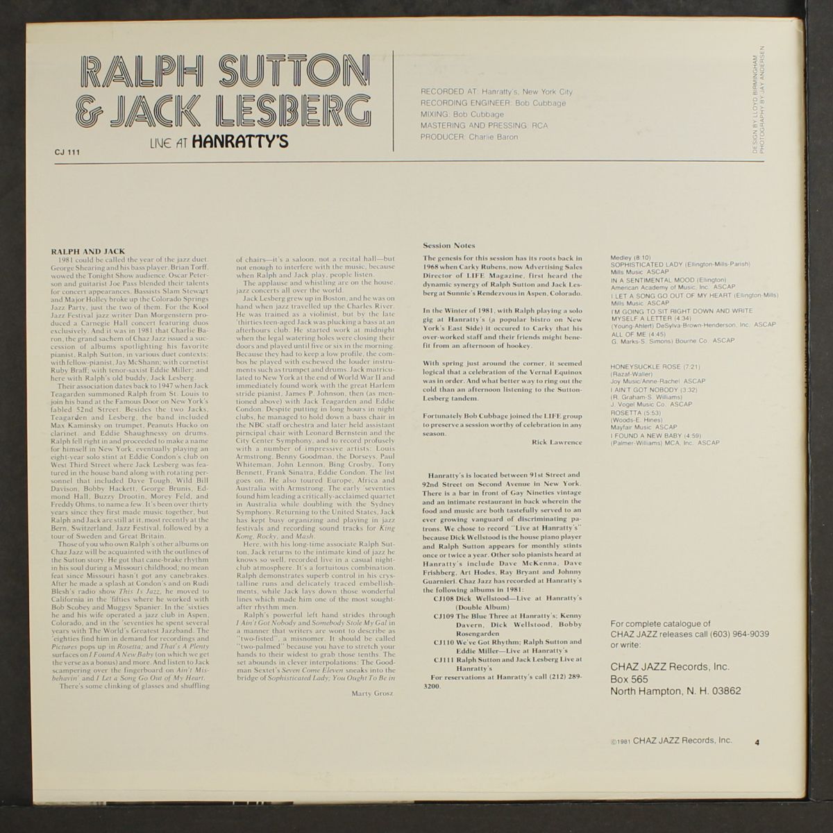 live at hanratty's by RALPH SUTTON & JACK LESBERG