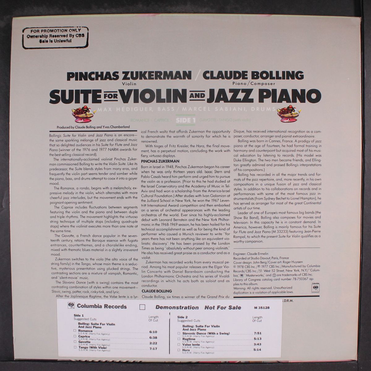 suite for violin & jazz piano by CLAUDE BOLLING & PINCHAS ZUKERMAN