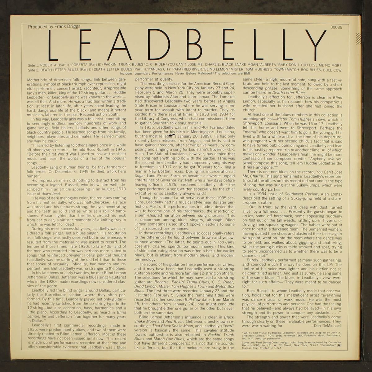 includes legendary performances by LEADBELLY