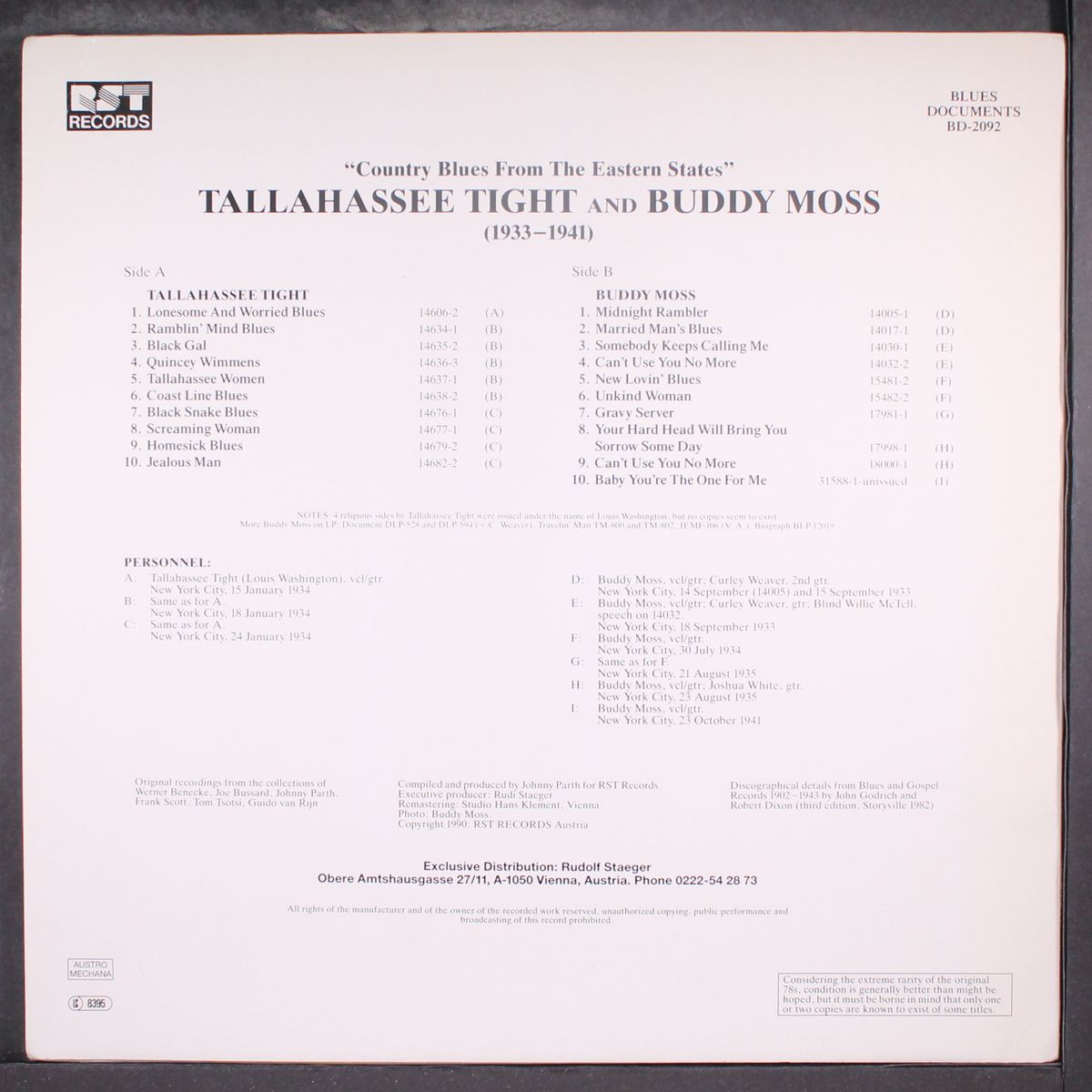 country blues from the eastern states by TALLAHASSEE TIGHT, BUDDY MOSS