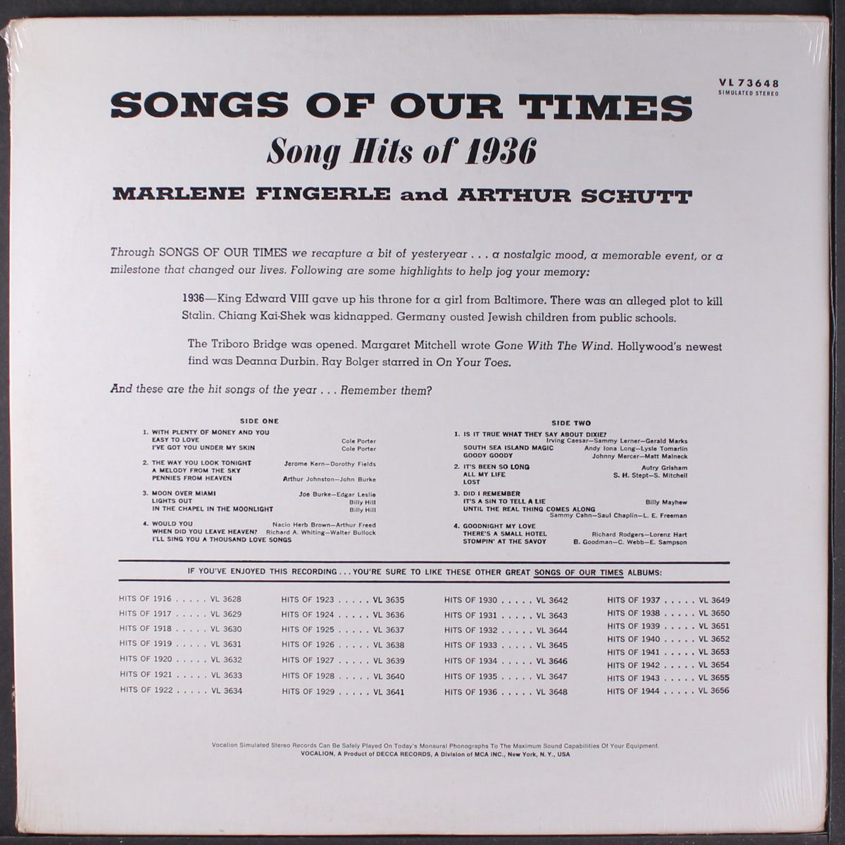 songs of our times 1936 by MARLENE FINGERLE & ARTHUR SCHUTT