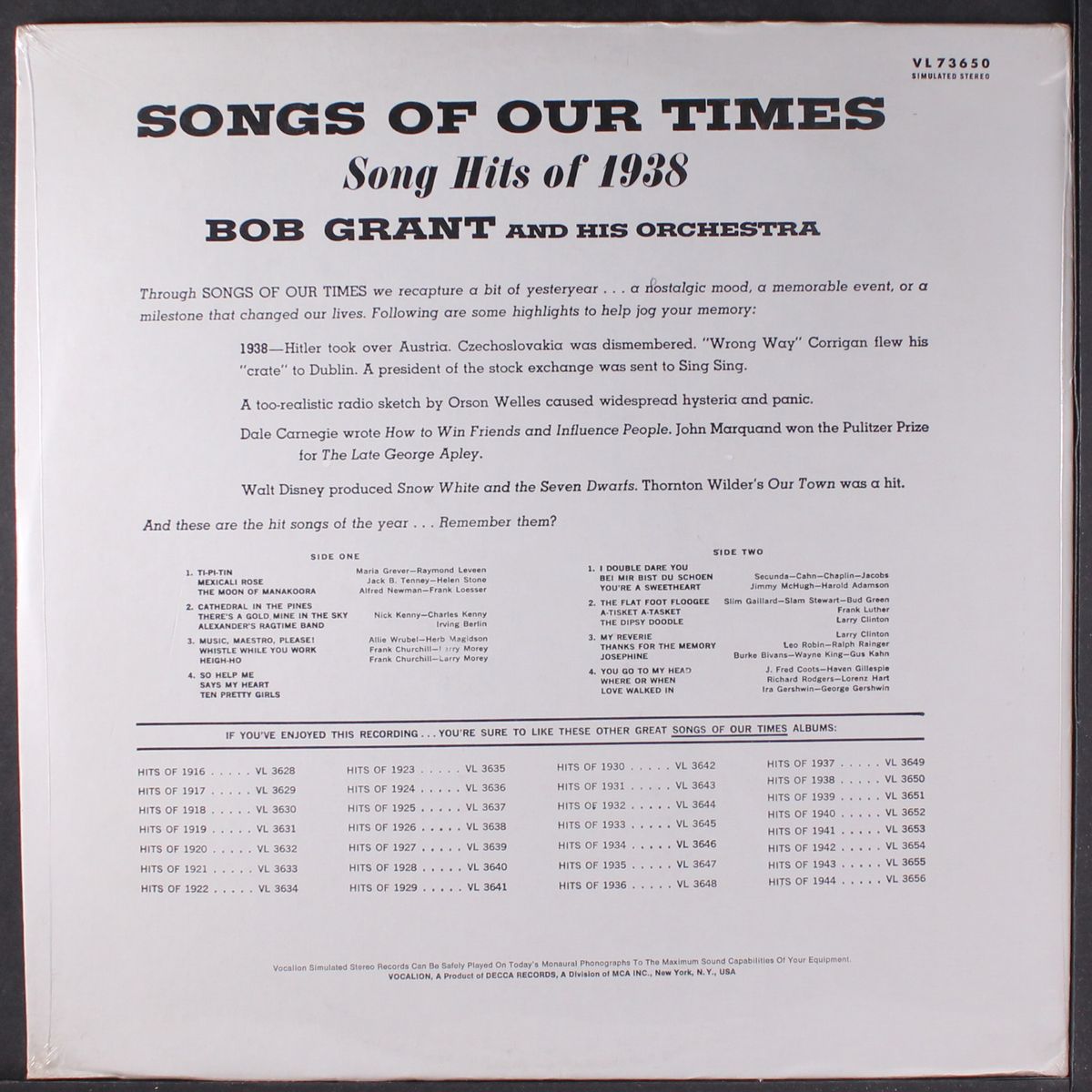 songs of our times 1938 by BOB GRANT