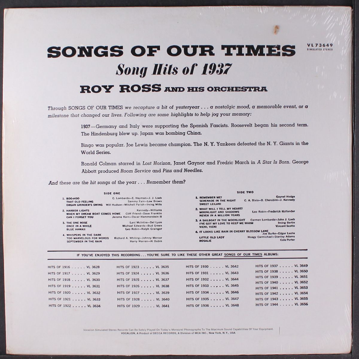 songs of our times 1937 by ROY ROSS