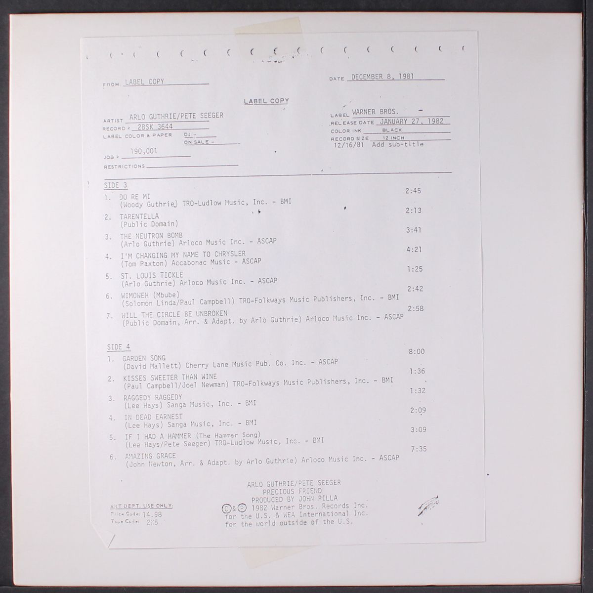 precious friend by ARLO GUTHRIE / PETE SEEGER
