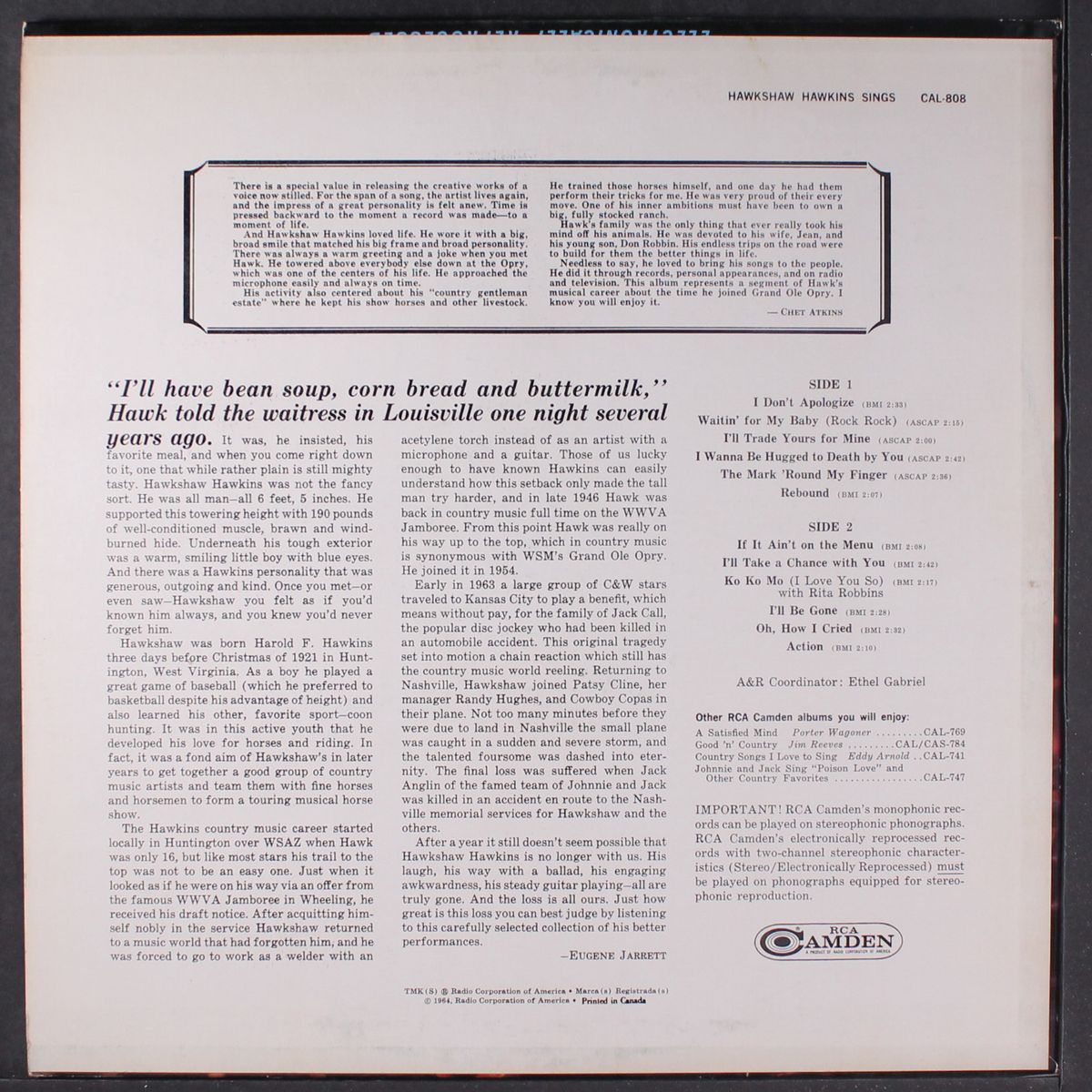 sings by HAWKSHAW HAWKINS