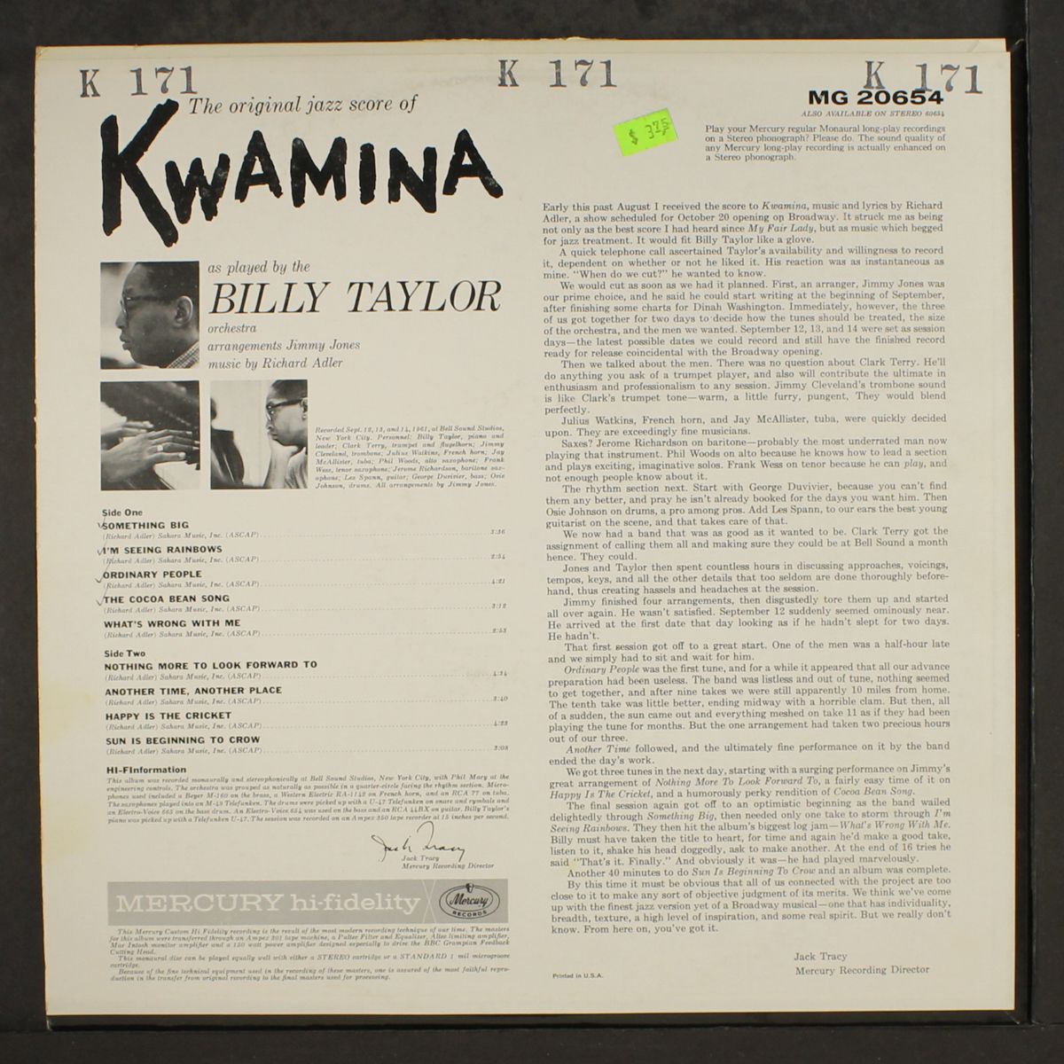the original jazz score of kwamina by BILLY TAYLOR