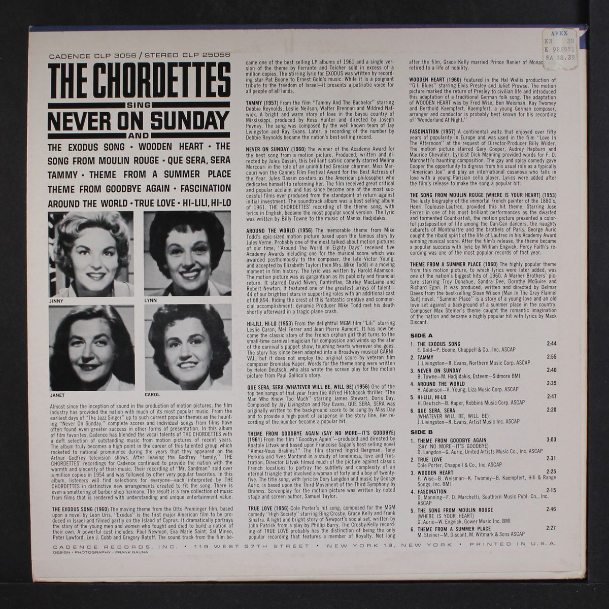 sing never on sunday by CHORDETTES