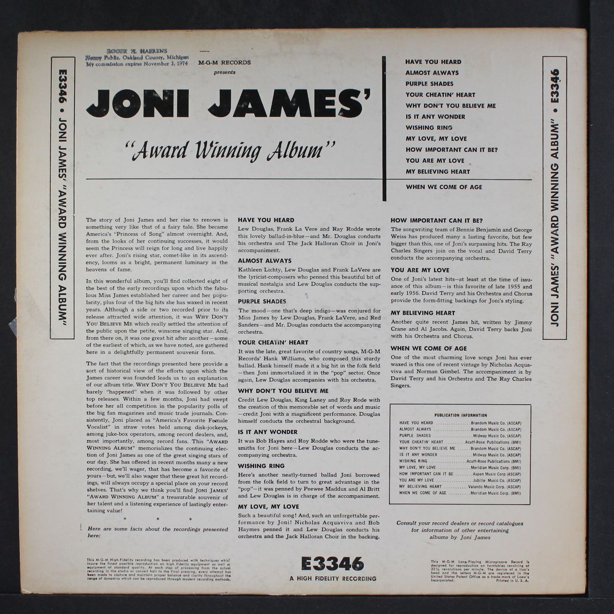 award winning album by JONI JAMES