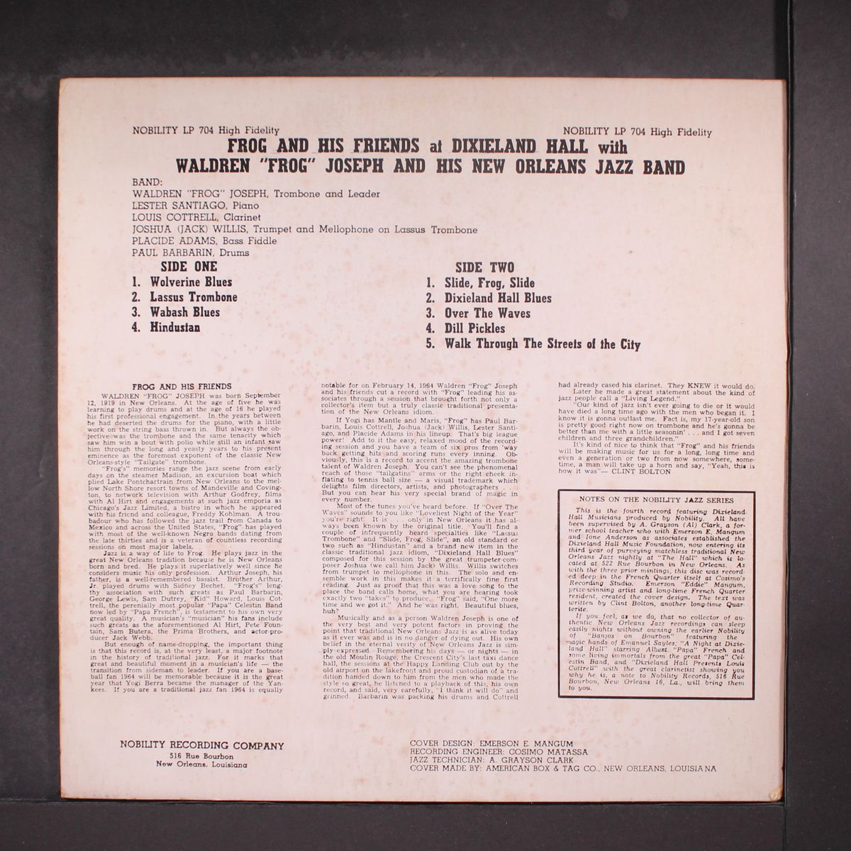 frog and his friends at dixieland hall by WALDEN 'FROG' JOSEPH & HIS NEW ORLEANS JAZZ BAND