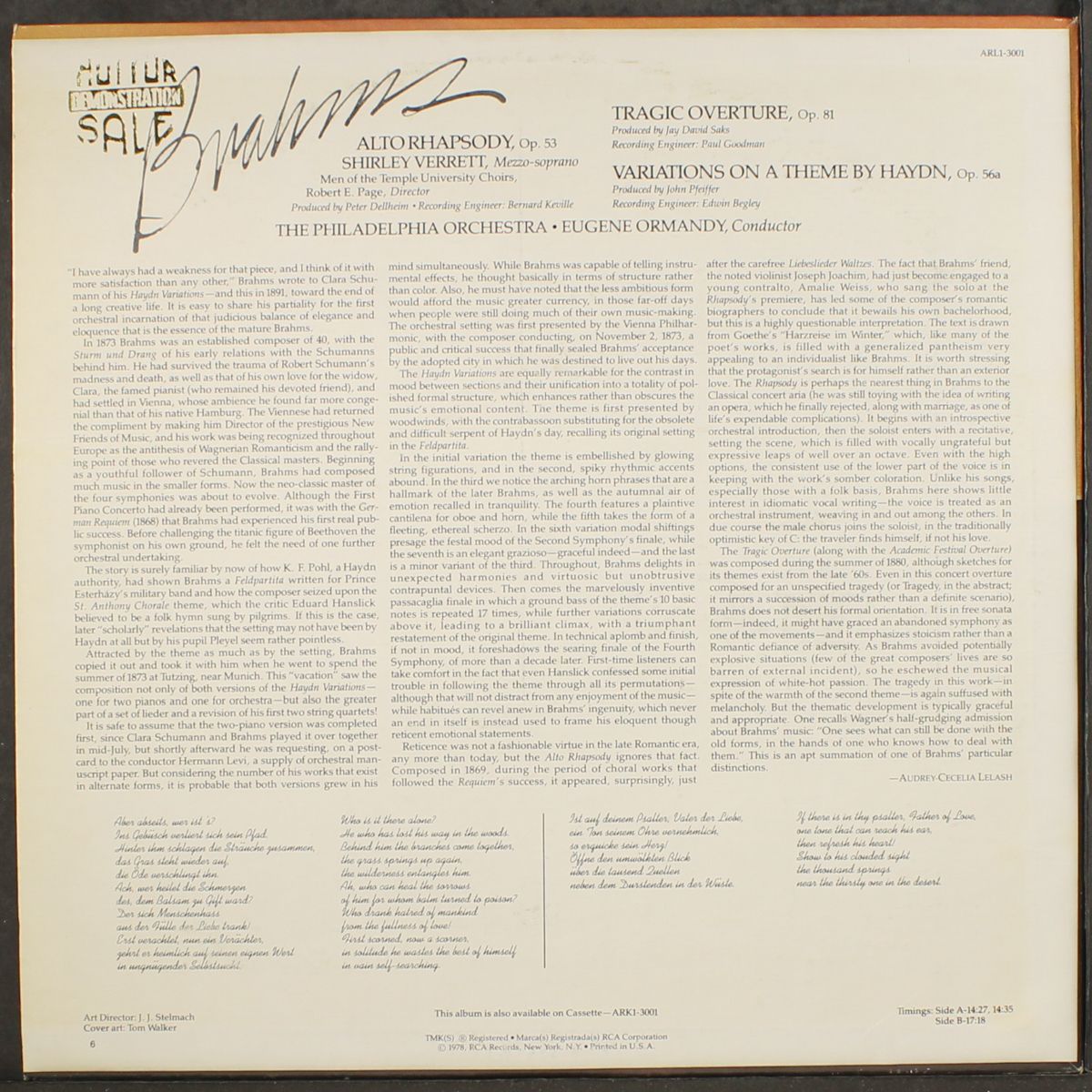 brahms: alto rhapsody / tragic overture by EUGENE ORMANDY