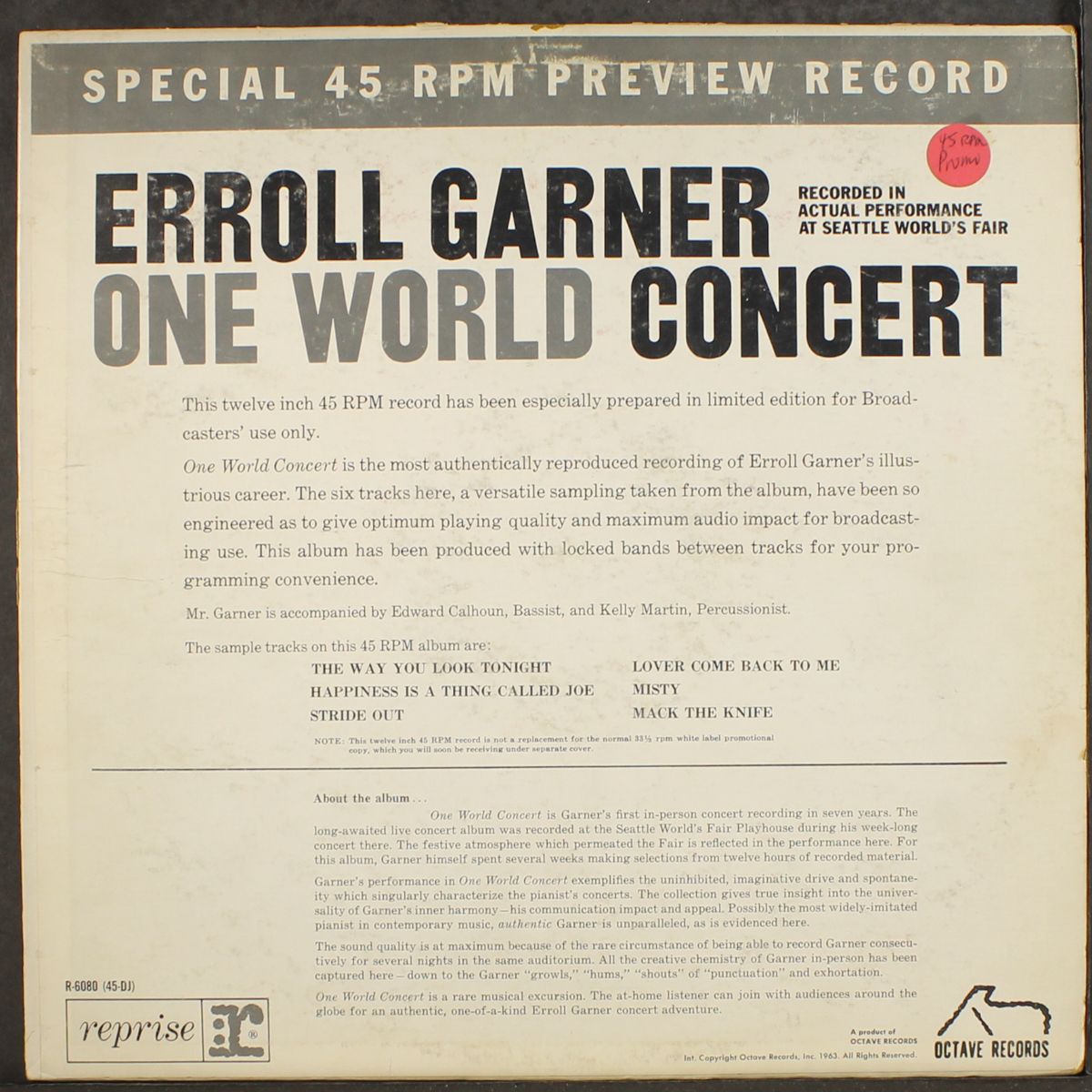 one world concert, 45 rpm preview by ERROL GARNER