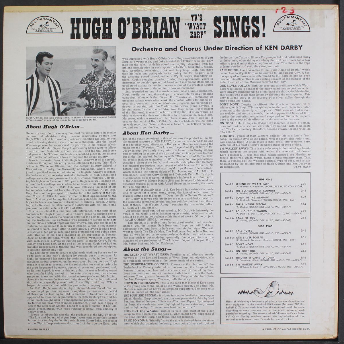 tv's wyatt earp sings by HUGH O'BRIAN