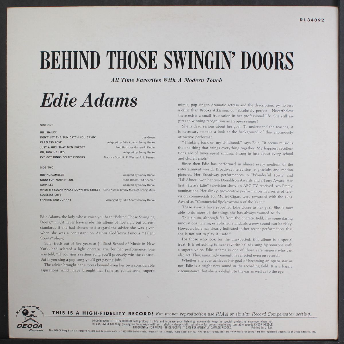behind those swingin' doors by EDIE ADAMS