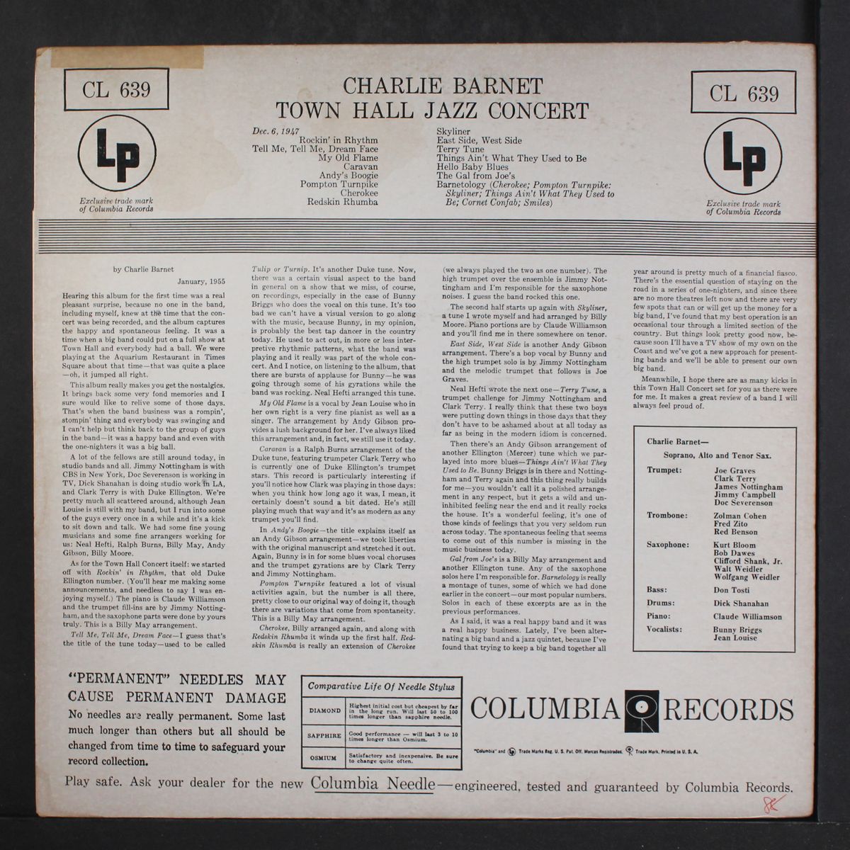 town hall jazz concert by CHARLIE BARNET