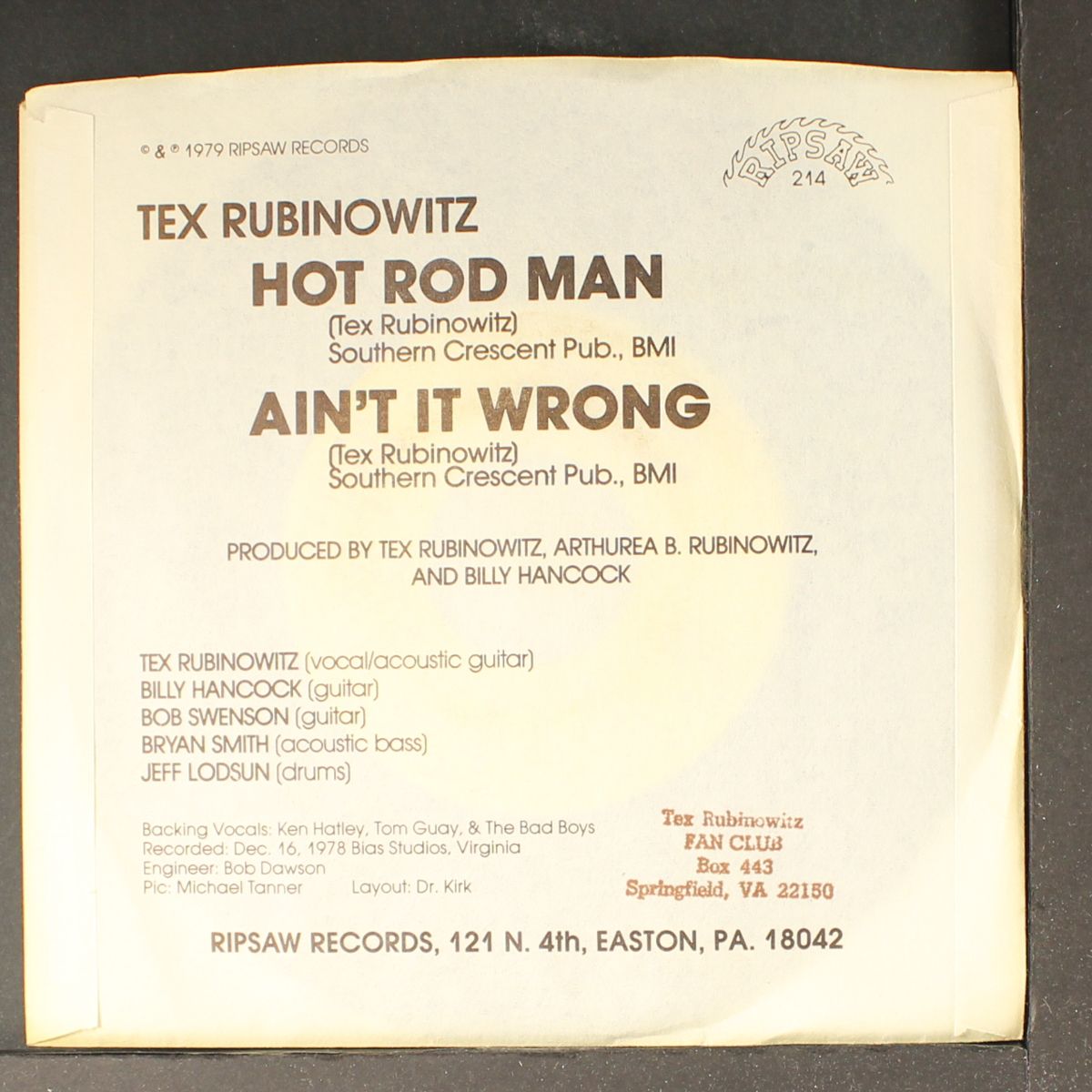 hot rod man / ain't it wrong by TEX RUBINOWITZ