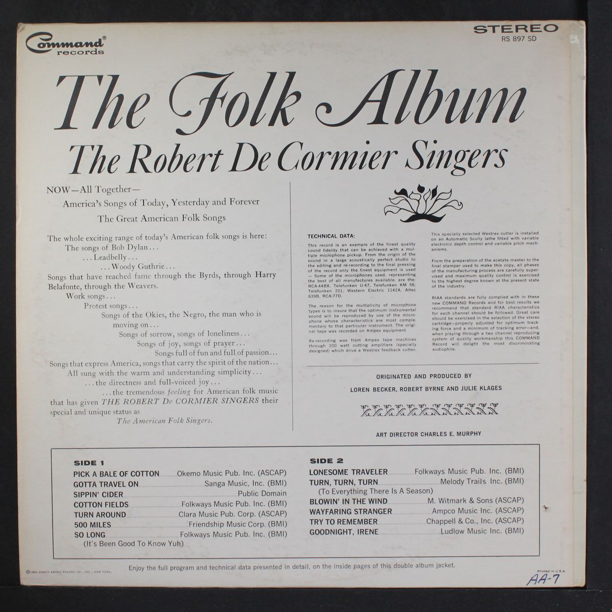 the folk album by ROBERT DE CORMIER FOLK SINGERS