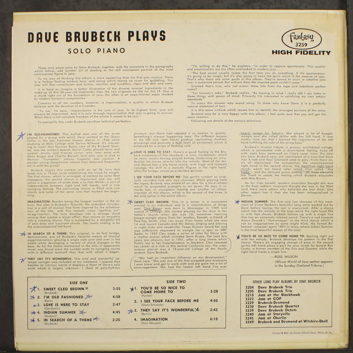 solo piano by DAVE BRUBECK