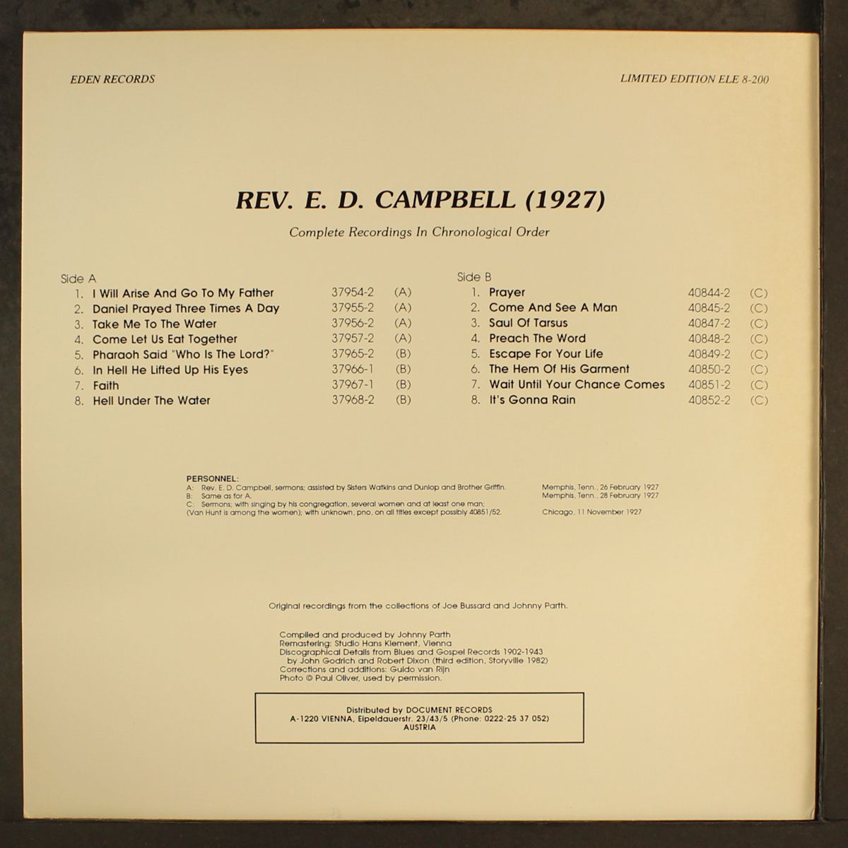 1927, complete recordings in chronological order by REV. E.D. CAMPBELL