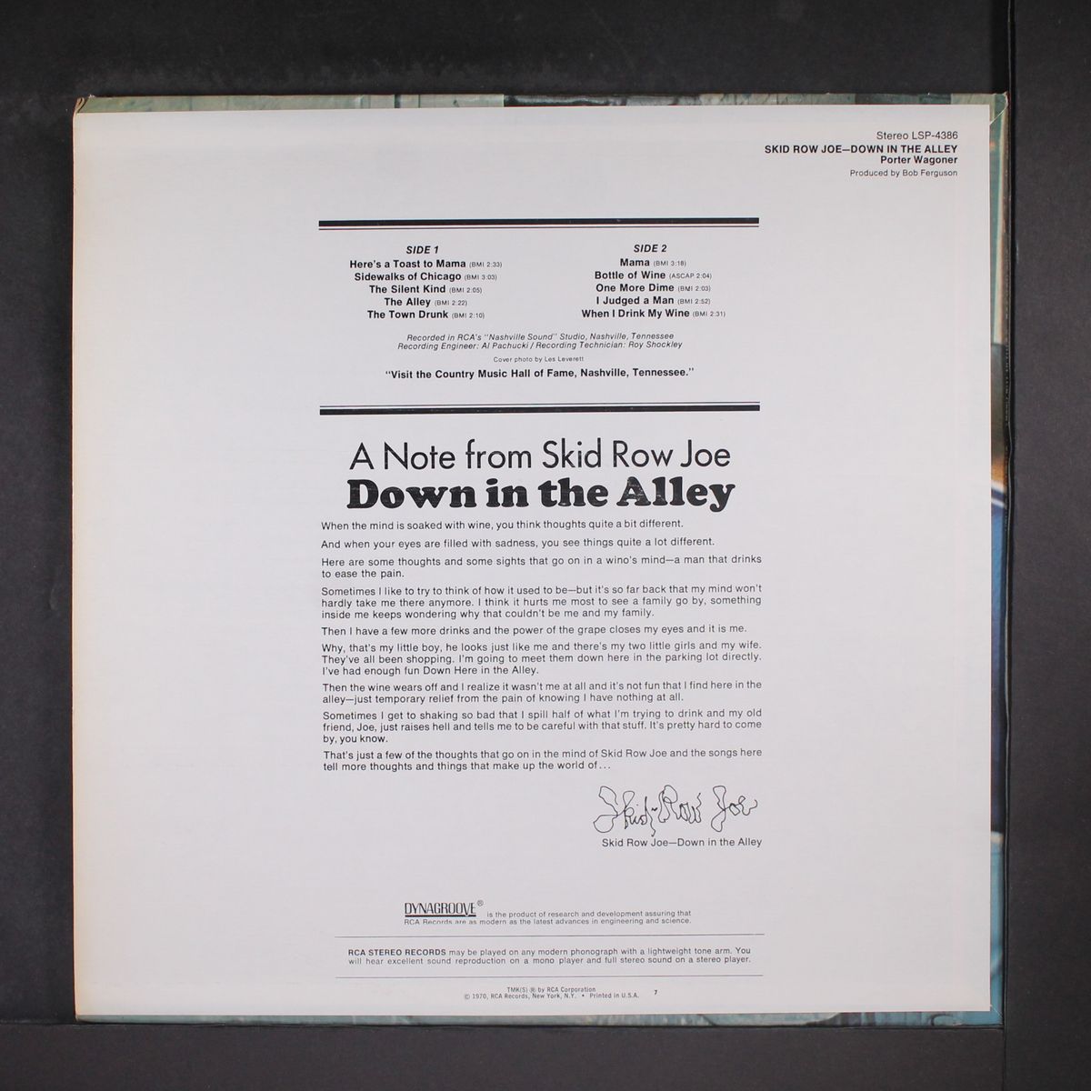 skid row joe, down in the alley by PORTER WAGONER