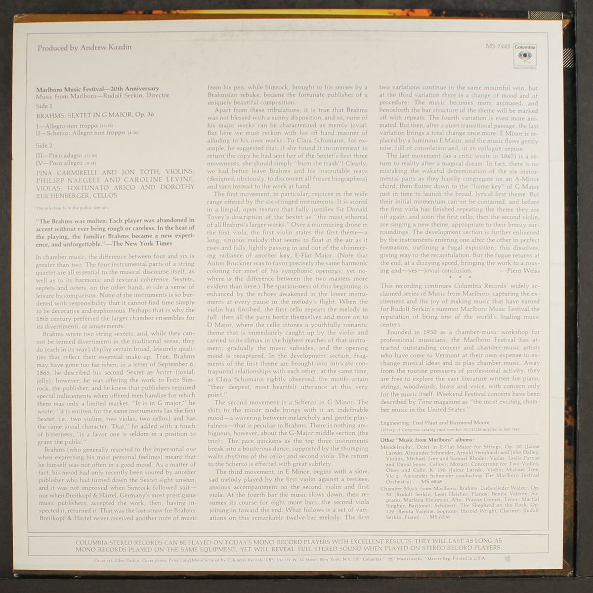 brahms: sextet in g major by RUDOLF SERKIN