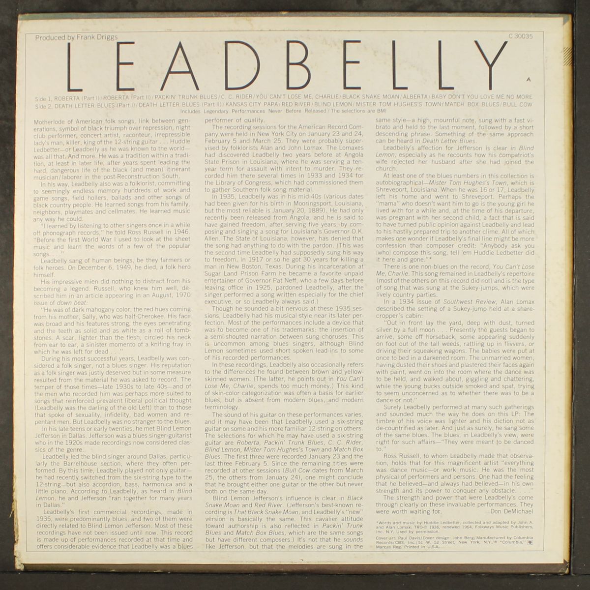 includes legendary performances by LEADBELLY