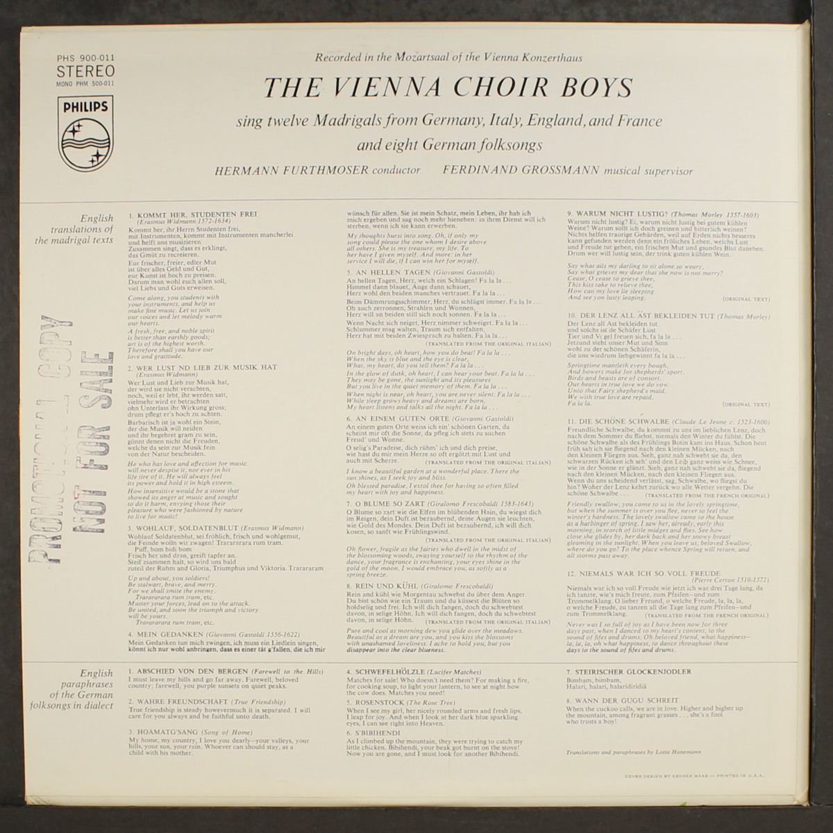 sing madrigals of italy, germany, england, france by VIENNA CHOIR BOYS