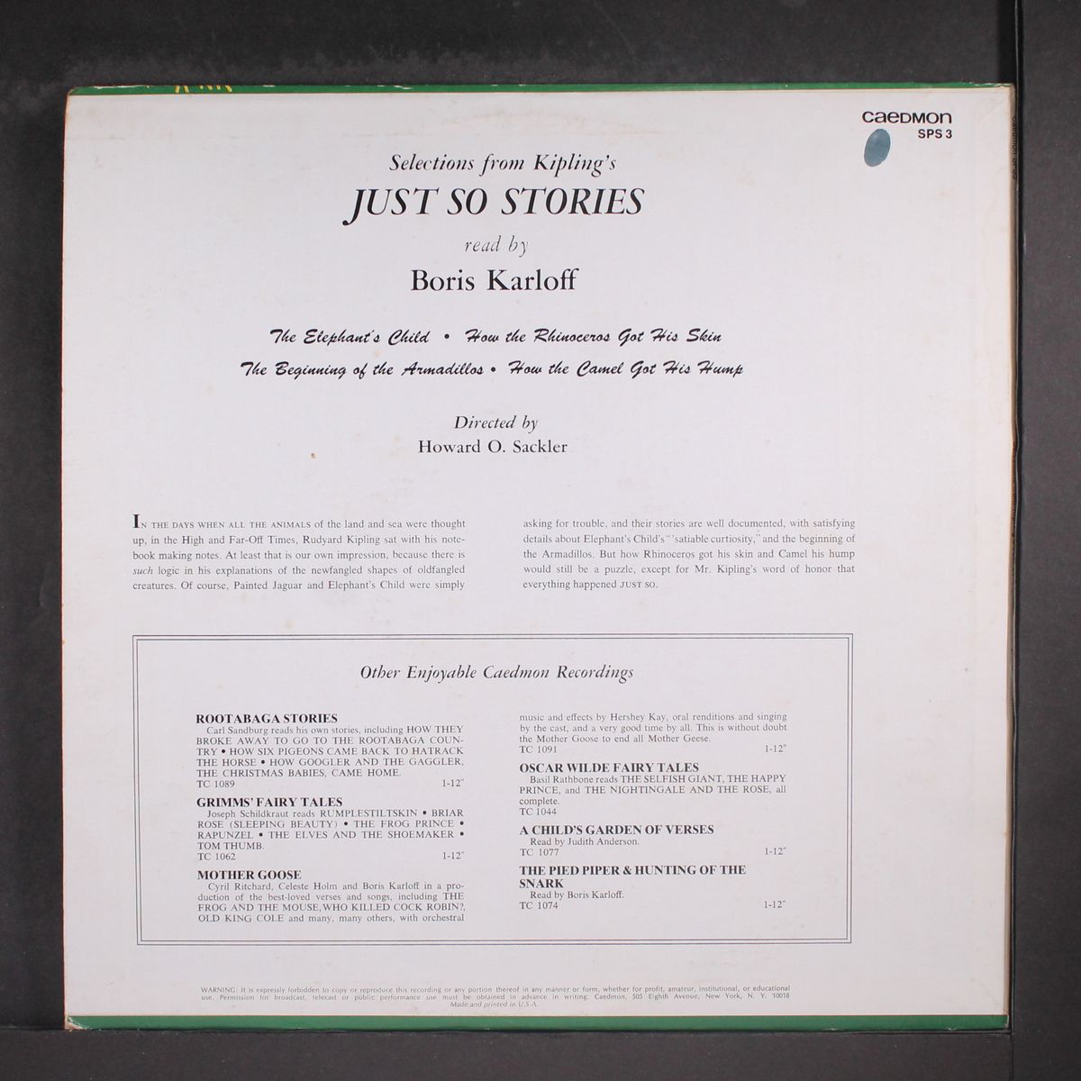 kipling: just so stories by BORIS KARLOFF