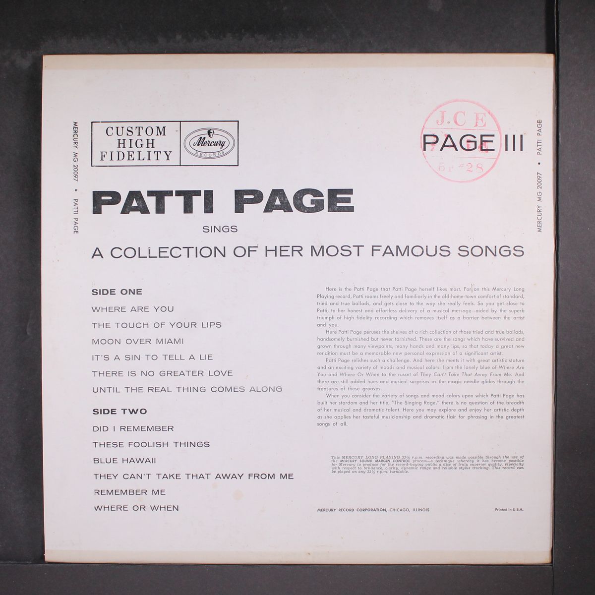 page 3, sings a collection of her famous songs by PATTI PAGE