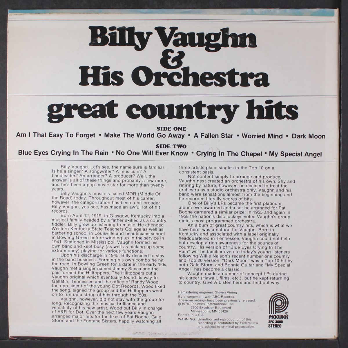 great country hits by BILLY VAUGHN