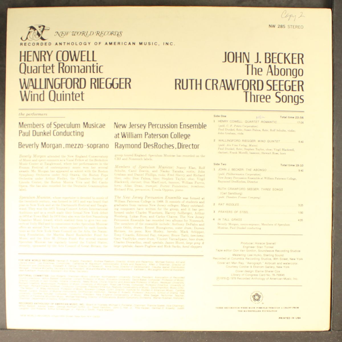 works by by HENRY COWELL, RIEGGER, BECKER, SEEGER