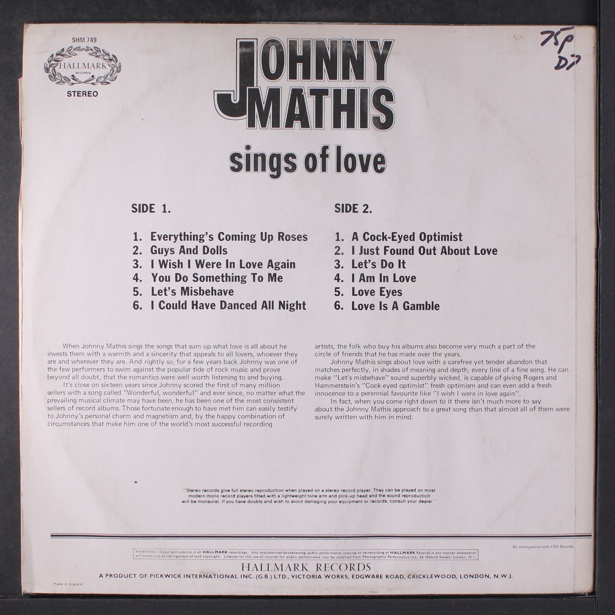 sings of love by JOHNNY MATHIS
