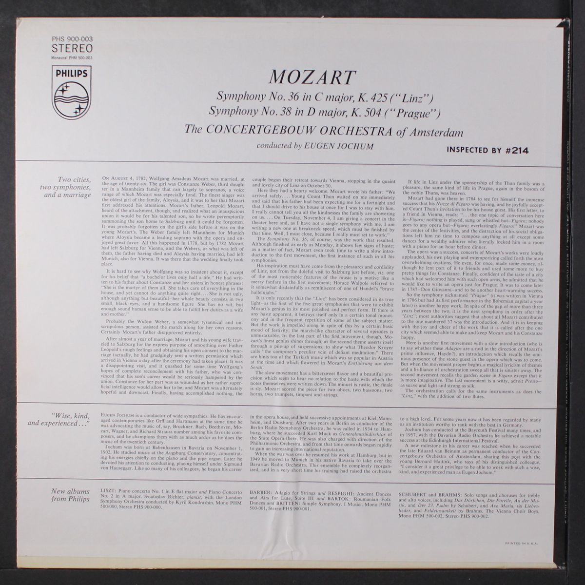 mozart symphonies 36 & 38 by EUGEN JOCHUM