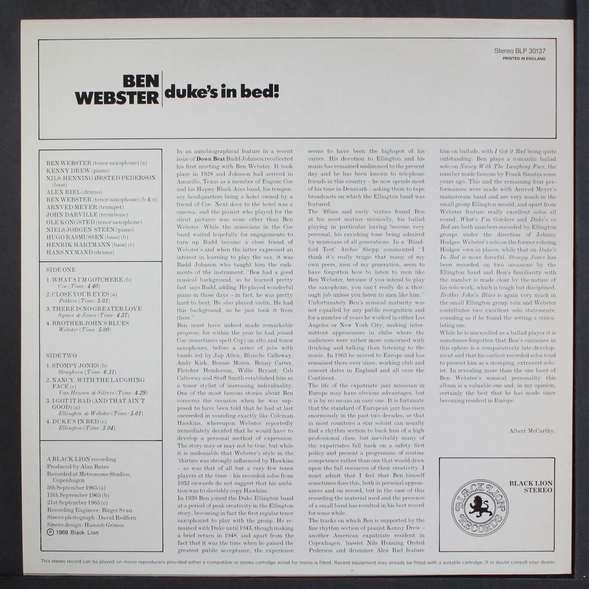 duke's in bed by BEN WEBSTER